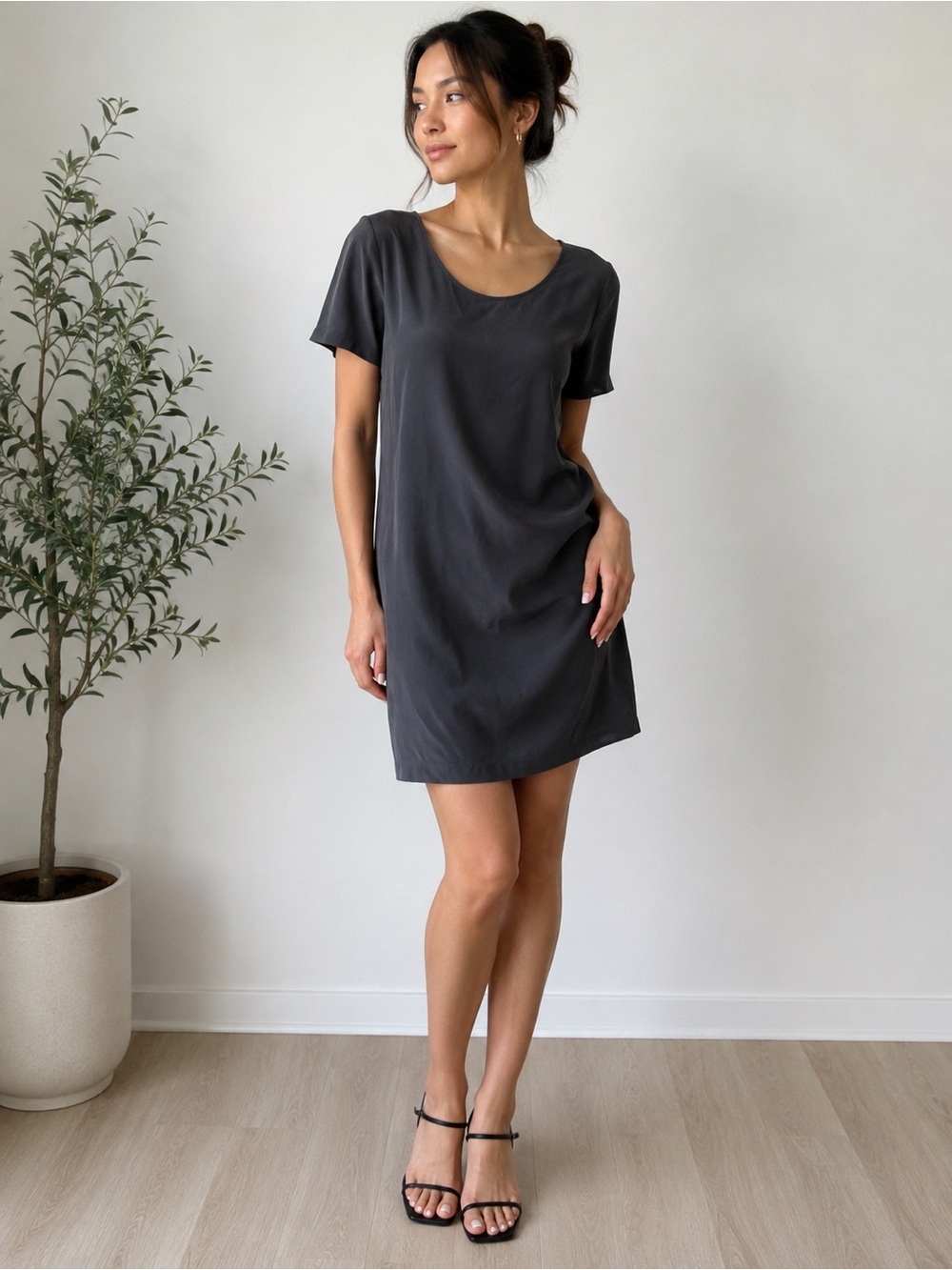COS 100% Silk Charcoal Gray Shift Dress Size 10 Open Back Tie Minimalist Luxury